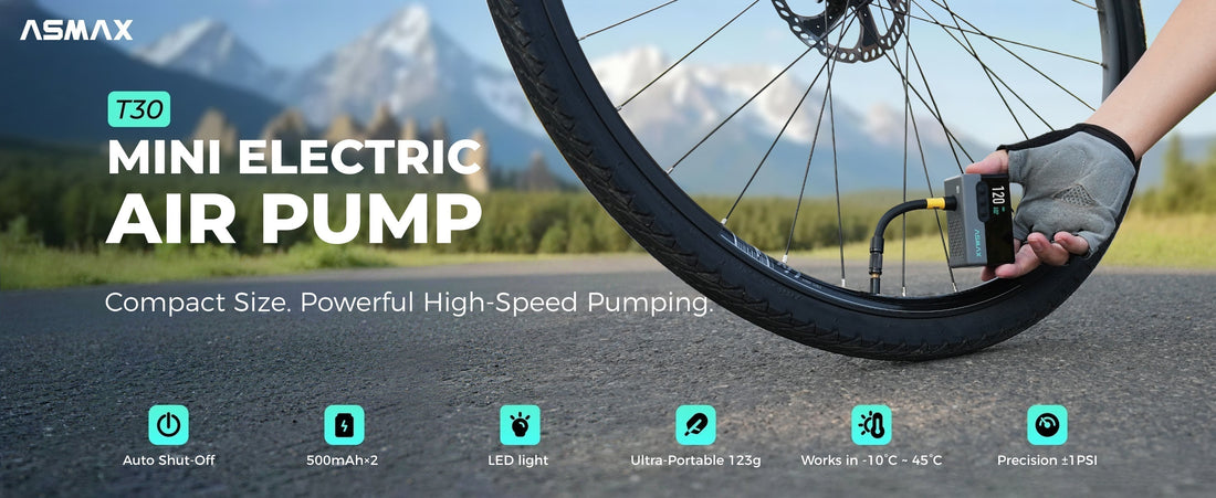 ASMAX T30 mini electric air pump inflating a bicycle tire with feature icons blog cover