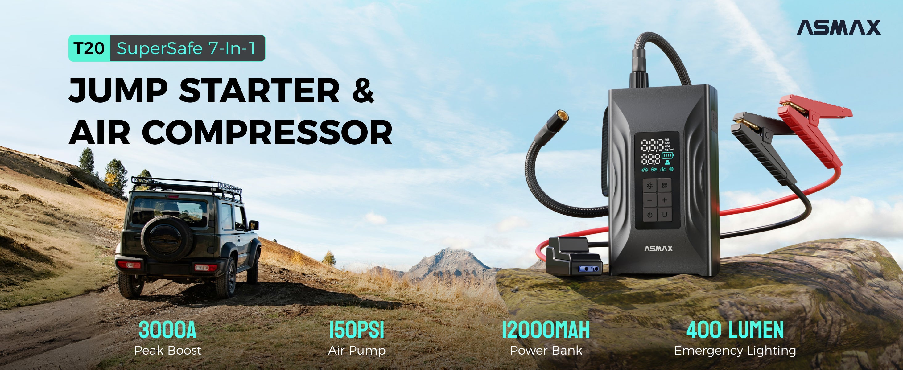 ASMAX T20 jump starter and air compressor for off-road travels