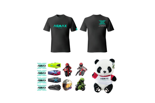 ASMAX merchandise including t-shirts and plush pandas
