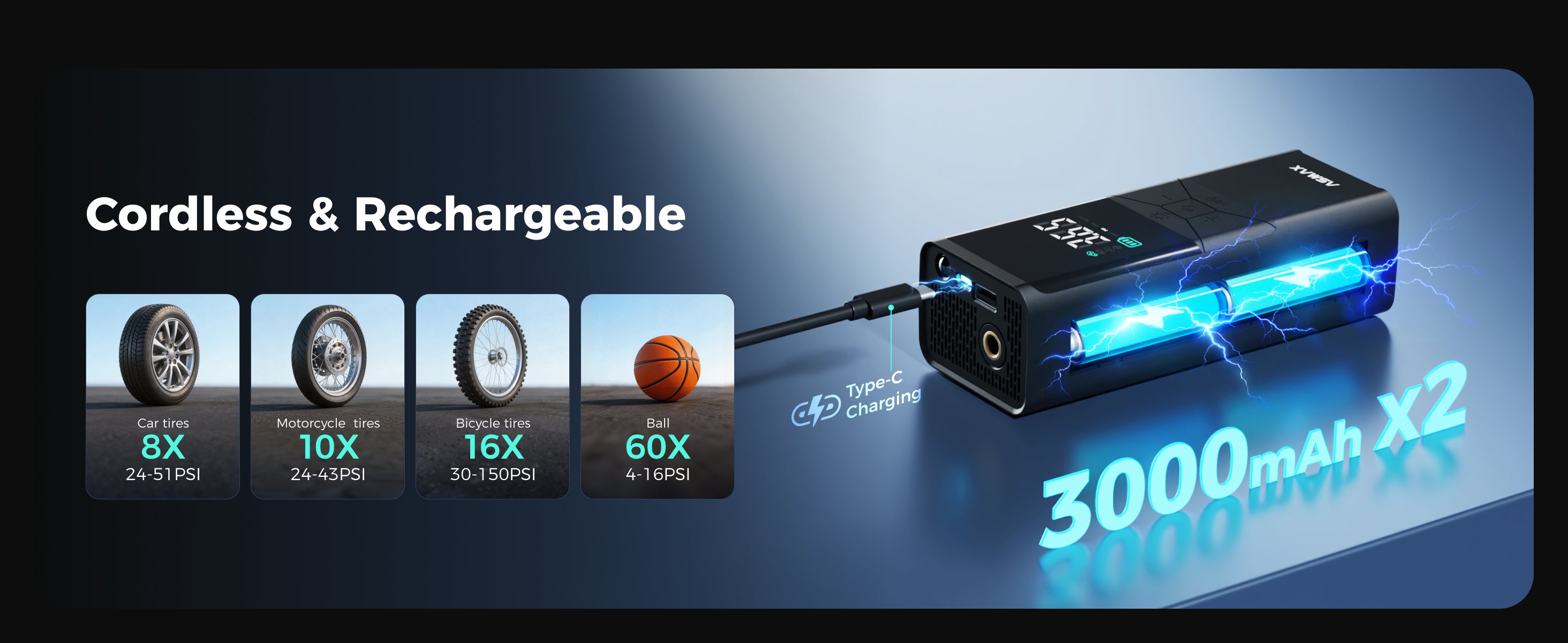 Rechargeable ASMAX T40 air pump with dual 3000mAh batteries for long trips